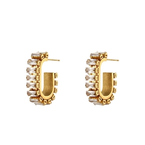 18K gold plated C-shaped geometric hoop earrings with sparkling baguette zircon stones