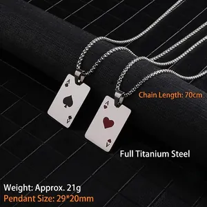 Titanium steel ace of hearts and spades poker pendant necklace with 70cm chain for men