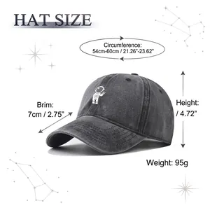 Distressed dark gray cotton baseball cap with embroidered astronaut and size chart