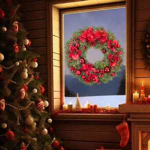 Detailed view of Christmas wreath with red bows and pine needles on a wooden window