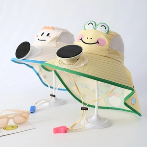 Detail of kids sun hat with built-in solar fan, breathable mesh and safety whistle rope