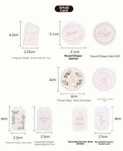 Detail showing various gift tag shapes with gold lettering and floral patterns