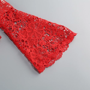Vue détaillée de manches en dentelle rouge au crochet avec motif floral et bords festonnés