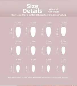 Detailed size chart showing width and length for almond press-on nails in 12 various sizes