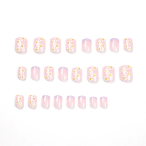 Short square press-on nails set featuring lavender French tips and white daisy patterns