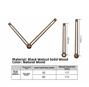 Size chart for walnut wood clock hands showing hour and minute hand dimensions in mm