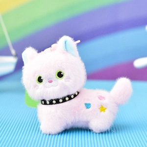 Close-up of a cute pink plush cat keychain with a black studded collar and heart embroidery.