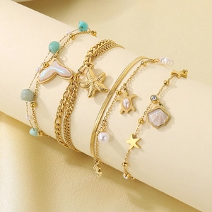 Double-layered stainless steel starfish and turtle anklet with turquoise and sea shells