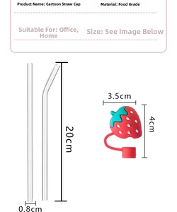 Detailed view of 20cm glass straw set with cute strawberry silicone dust cover cap