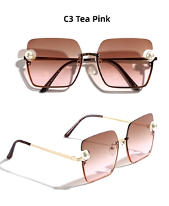 Detail of Tea Pink gradient lenses with elegant pearls and golden metal temples