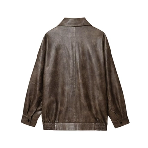 Women's long brown PU leather jacket featuring elastic hem and long sleeves on white backdrop