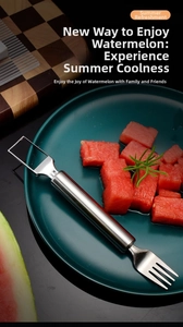 Close-up of dual-purpose stainless steel watermelon slicer and fruit fork on a plate