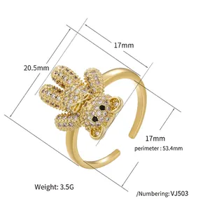 Adjustable gold plated teddy bear open ring with sparkling white cubic zirconia pavé
