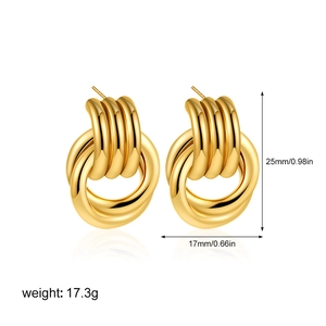 Detailed view of layered 18K gold hoop earrings showing height 25mm and width 17mm