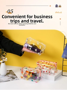 Detail of transparent PVC toiletry bags with daisy and heart prints for travel storage