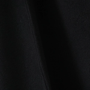 Close-up of high-quality black wool fabric texture and sewing detail of the coat