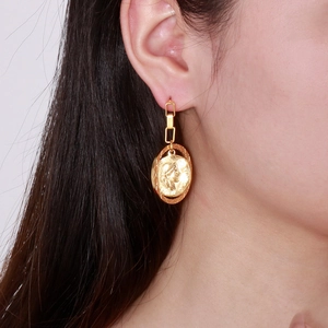 Retro gold coin portrait earrings in stainless steel with elegant drop pendant design