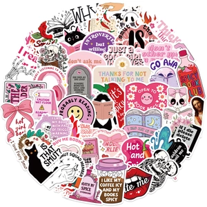 Set of 50 pink cartoon bookish stickers for laptop and guitar with romantic literary themes