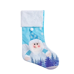 Blue LED Christmas stocking with 3D Santa Claus plush and snowy forest design