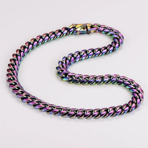 Détail de la chaîne cubaine en acier inoxydable arc-en-ciel de 14mm avec fermoir sûr