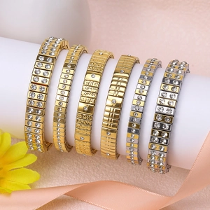 Stainless steel rhinestone stretch bracelet set, luxury gold silver titanium steel bangles.
