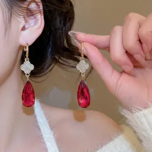 Red Waterdrop Pendant Earrings With Four Leaf Clover Rhinestone And Silver Earring Post Elegant Jewelry For Women