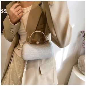 Silver glitter evening clutch bag with gold handle and chain strap shown on model