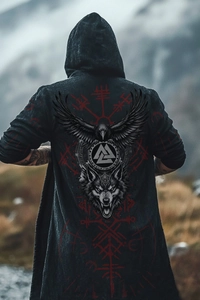 Rear view of Viking hooded cloak featuring crow and Valknut mythology prints