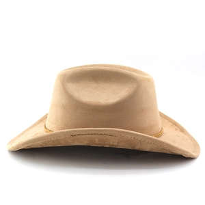 Detailed view of the woven leather band and suede texture on the khaki cowboy hat