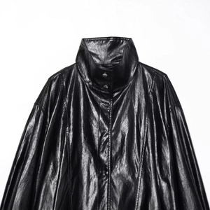Chic black faux leather bomber jacket with stand collar and sleek polished finish