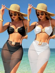 Top Slip Bikini Sexy E Gonna In Rete Con Fibbia In Metallo Stella Marina Tinta Unita Per Donna Vacanze Estive