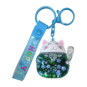 Cute blue liquid glitter lucky cat keychain with strap for women and girls bag charm.