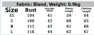 Size guide for women's faux fur jacket showing measurements for XS to L in centimeters