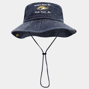 Detailed embroidery of fish and humorous slogan on outdoor navy fishing bucket hat