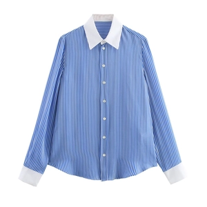 Women Striped Shirt Contrast Collar Cuffs Long Sleeve Button Up Blouse Casual Office Workwear Fashion Polyester Top