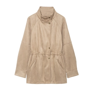 Faux Suede Jacket Women Stand Collar Adjustable Drawstring Waist Loose Fit Casual Long Sleeve Coat With Pockets