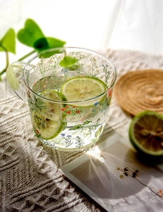 Close-up of glass cup with botanical floral pattern, lemon water, and capacity scale markings