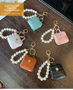 Mini faux leather crocodile pattern bag keychains with pearl handles in five colors