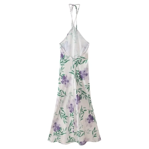 Robe Mi-Longue Fleurie Dos Nu Satin À Nouer Élégante Fête D'Été Sans Manches Blanc Imprimé Violet Femmes