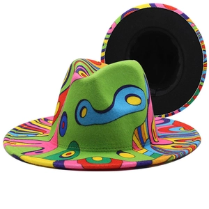 Wide Brim Fedora Hat Wool Felt Colorful Graffiti Print Jazz Hat For Men Women Pop Art Style