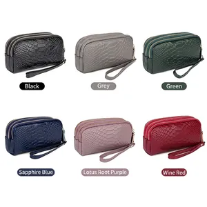 Set of luxury snake-pattern leather clutches in six colors with dual zippers
