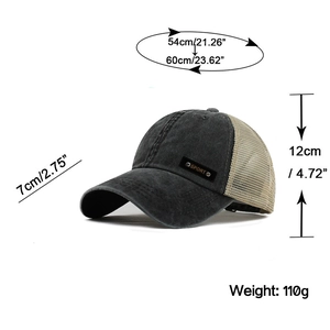 Detailed view of washed cotton baseball cap with breathable mesh and sport patch