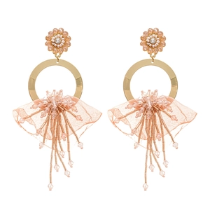 Pink lace woven flower hoop earrings with crystal beads and elegant long fringe tassels
