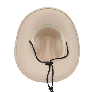 Detail of adjustable chin strap and inner sweatband of this beige felt cowboy hat