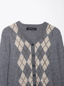 Close-up of V-neck argyle knitted cardigan with classic grey and beige patterns