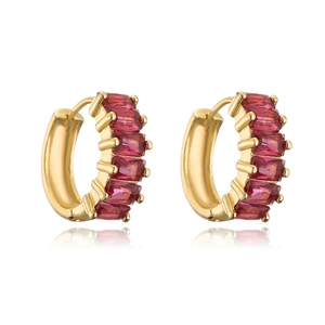 Detailed macro view of 18K gold plated hoop earrings with red rectangular zircon stones