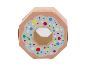Detail of octagonal pink donut gift box with transparent window for candies and cookies