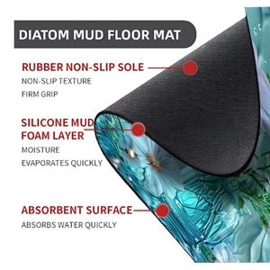 Macro detail of diatom mud bath mat showing non-slip rubber backing and floral top