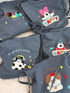 Kawaii Cartoon Dog Embroidery Striped Canvas Tote Bag Large Capacity Casual Shoulder Handbag For Women Korean Style