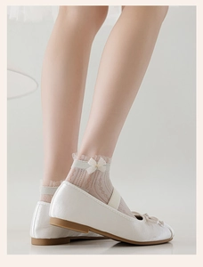 Close-up of white lace socks with ribbon bow paired with satin Mary Jane shoes